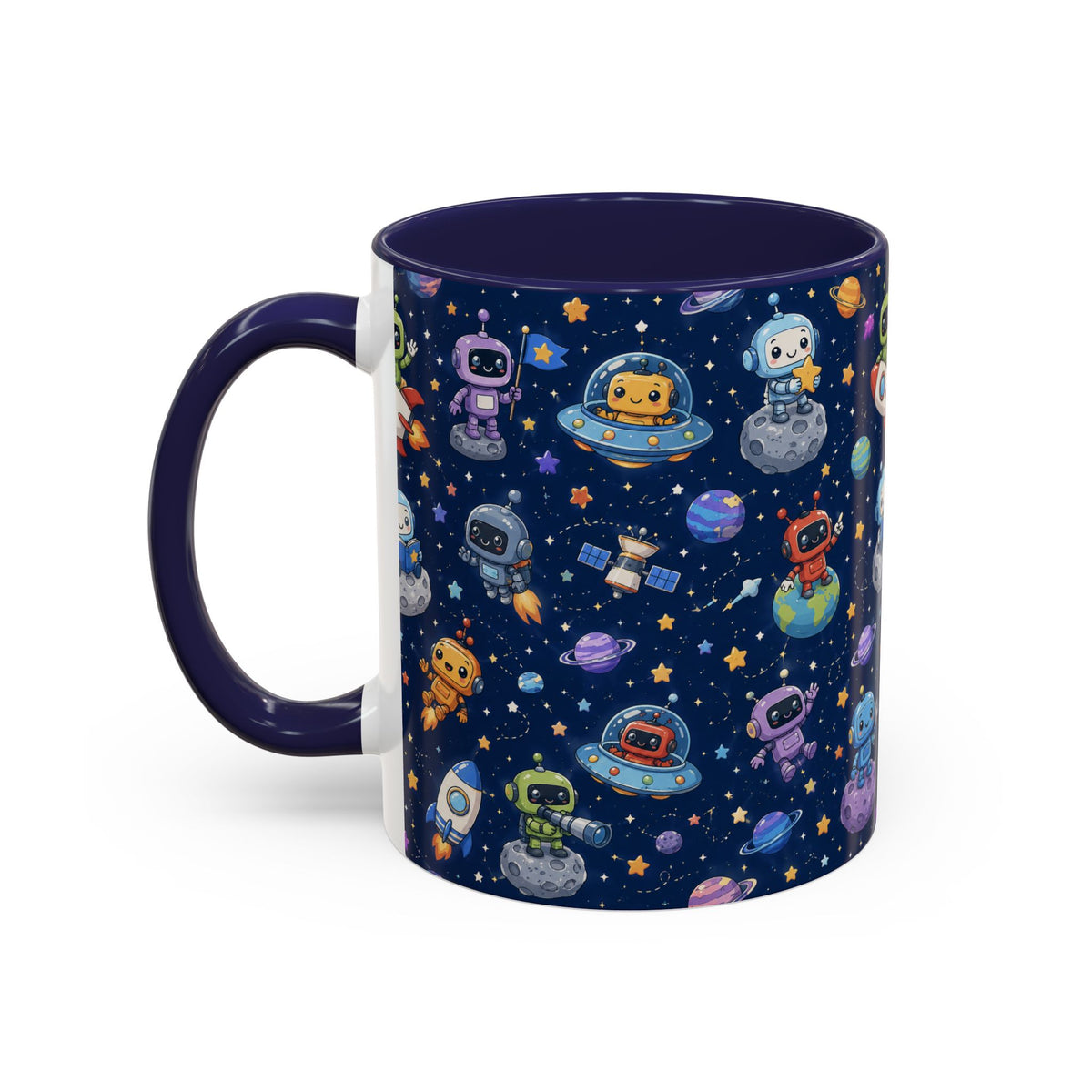 Galactic Robots Accent Coffee Mug — Cute Space Astronaut Pattern (11/15 oz)