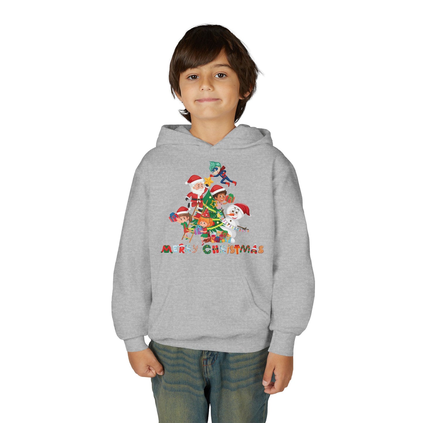 Youth Heavy Blend Hooded Sweatshirt - Super kiddo making christmas tree with text