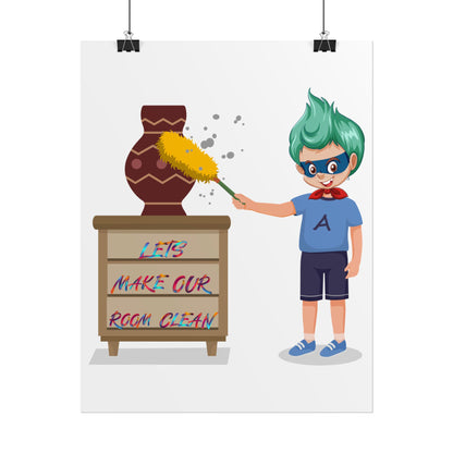 Rolled Posters - Super kiddo cleaning a vase - [[{"value":"Wonderwear Kid"}]]