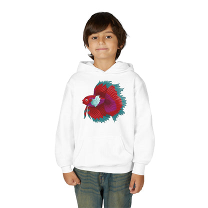 Youth Heavy Blend Hooded Sweatshirt - Red Siamese fighting fish Printify