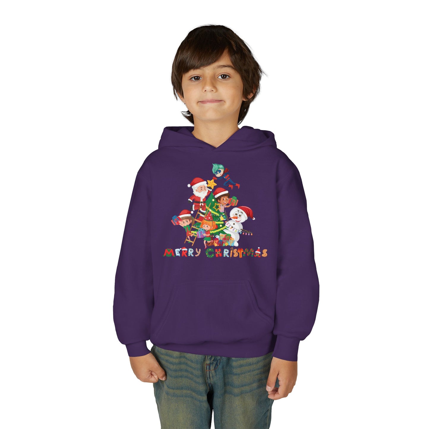 Youth Heavy Blend Hooded Sweatshirt - Super kiddo making christmas tree with text