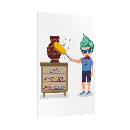 Rolled Posters - Super kiddo cleaning a vase - [[{"value":"Wonderwear Kid"}]]