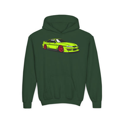 Youth Heavy Blend Hooded Sweatshirt - Yellow green race car Printify