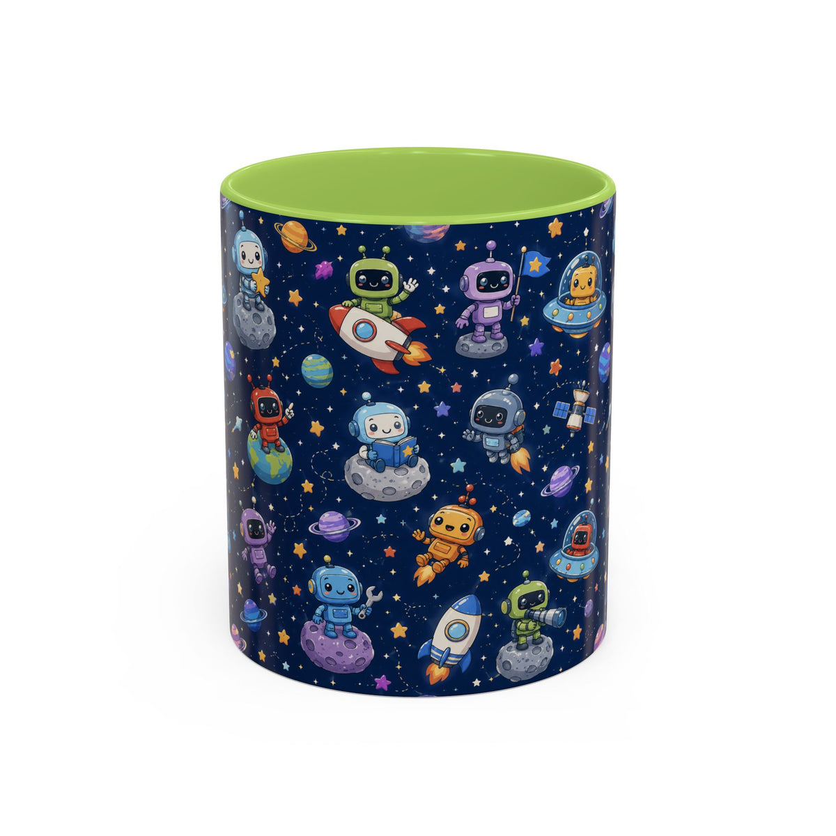 Galactic Robots Accent Coffee Mug — Cute Space Astronaut Pattern (11/15 oz)
