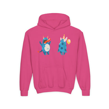 Youth Heavy Blend Hooded Sweatshirt - Blue monsters in action Printify