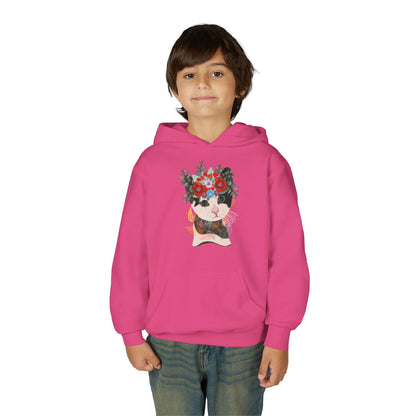 Youth Heavy Blend Hooded Sweatshirt - Lovely cat with crown flower Printify