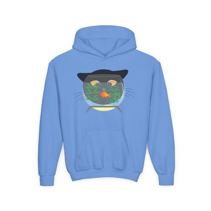 Youth Heavy Blend Hooded Sweatshirt -  Black cat and gold fish Printify
