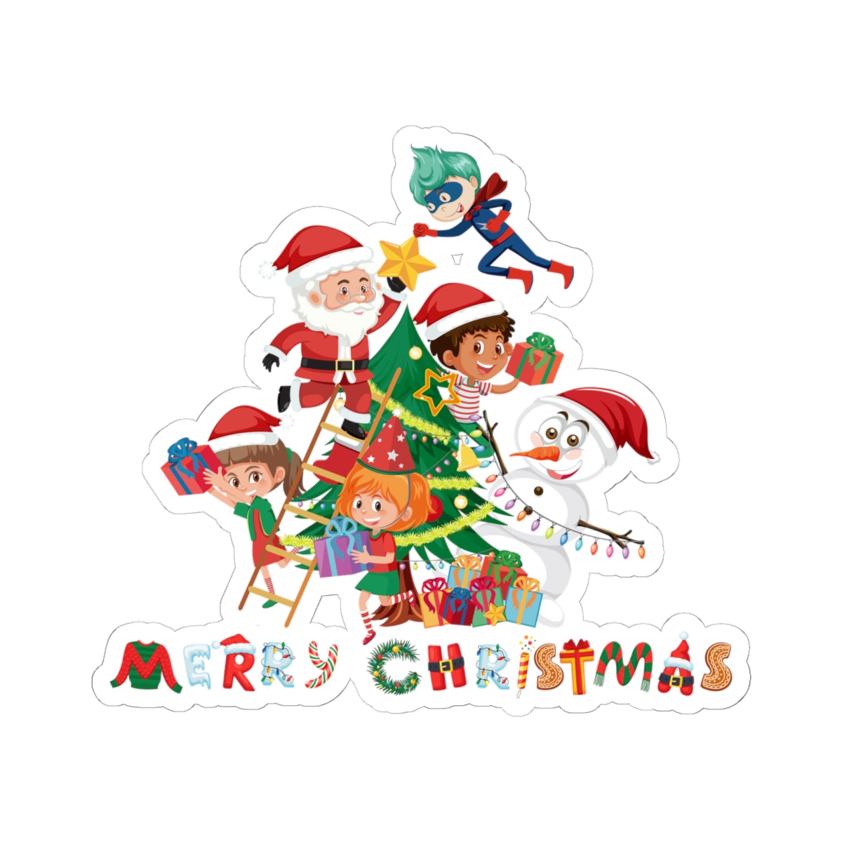 Kiss-Cut Stickers - Super kiddo making christmas tree with text - [[{"value":"Wonderwear Kid"}]]