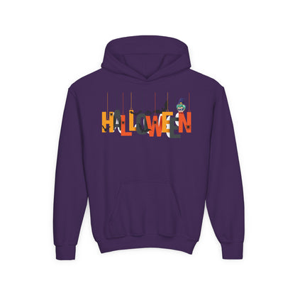 Youth Heavy Blend Hooded Sweatshirt - Holloween hanging letters Printify
