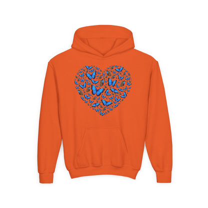 Youth Heavy Blend Hooded Sweatshirt -  Heart shape blue morpho butterfly Printify