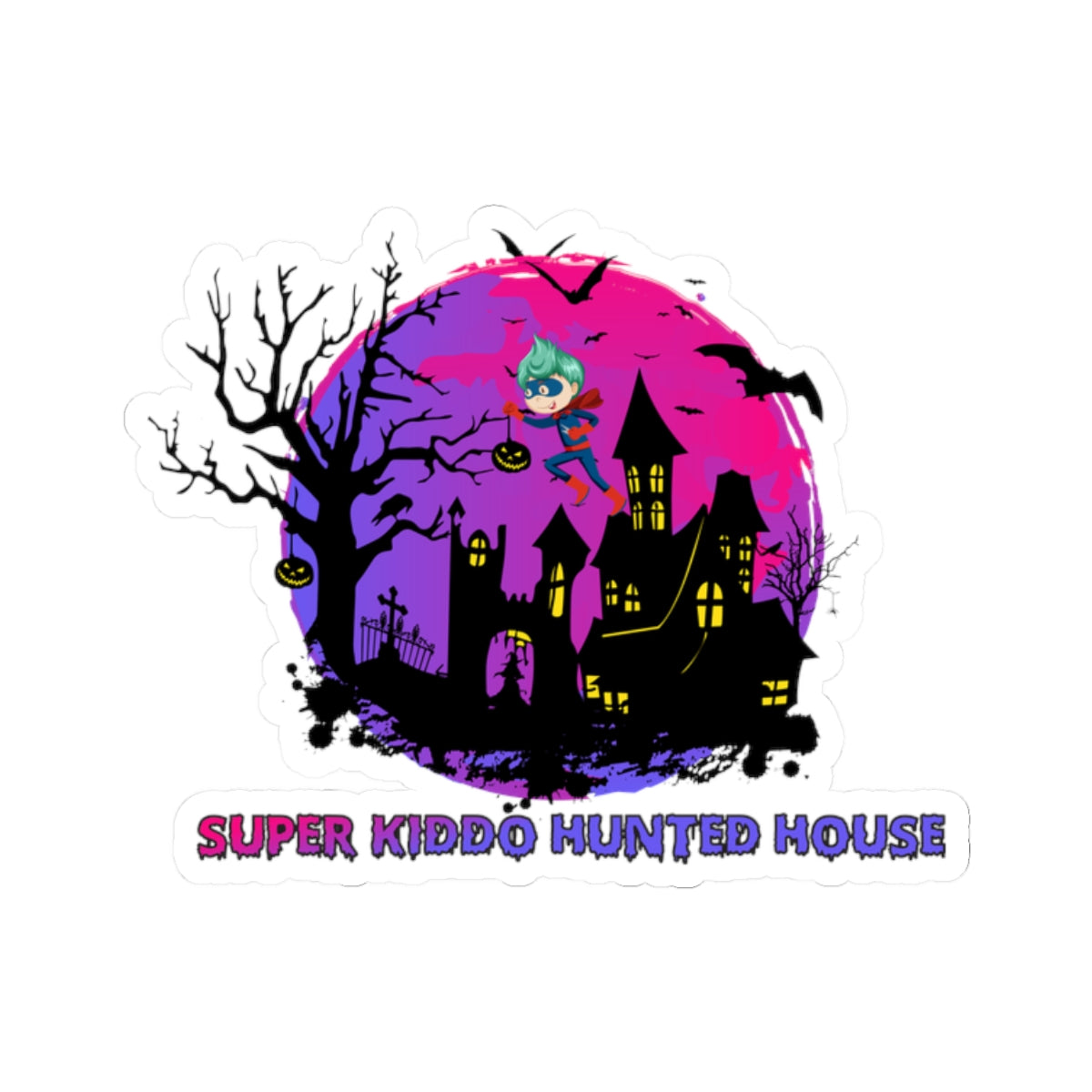 Kiss-Cut Stickers - Super kiddo flying on hunted house - [[{"value":"Wonderwear Kid"}]]