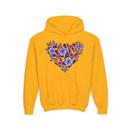 Youth Heavy Blend Hooded Sweatshirt -  Heart shape monarch butterfly Printify