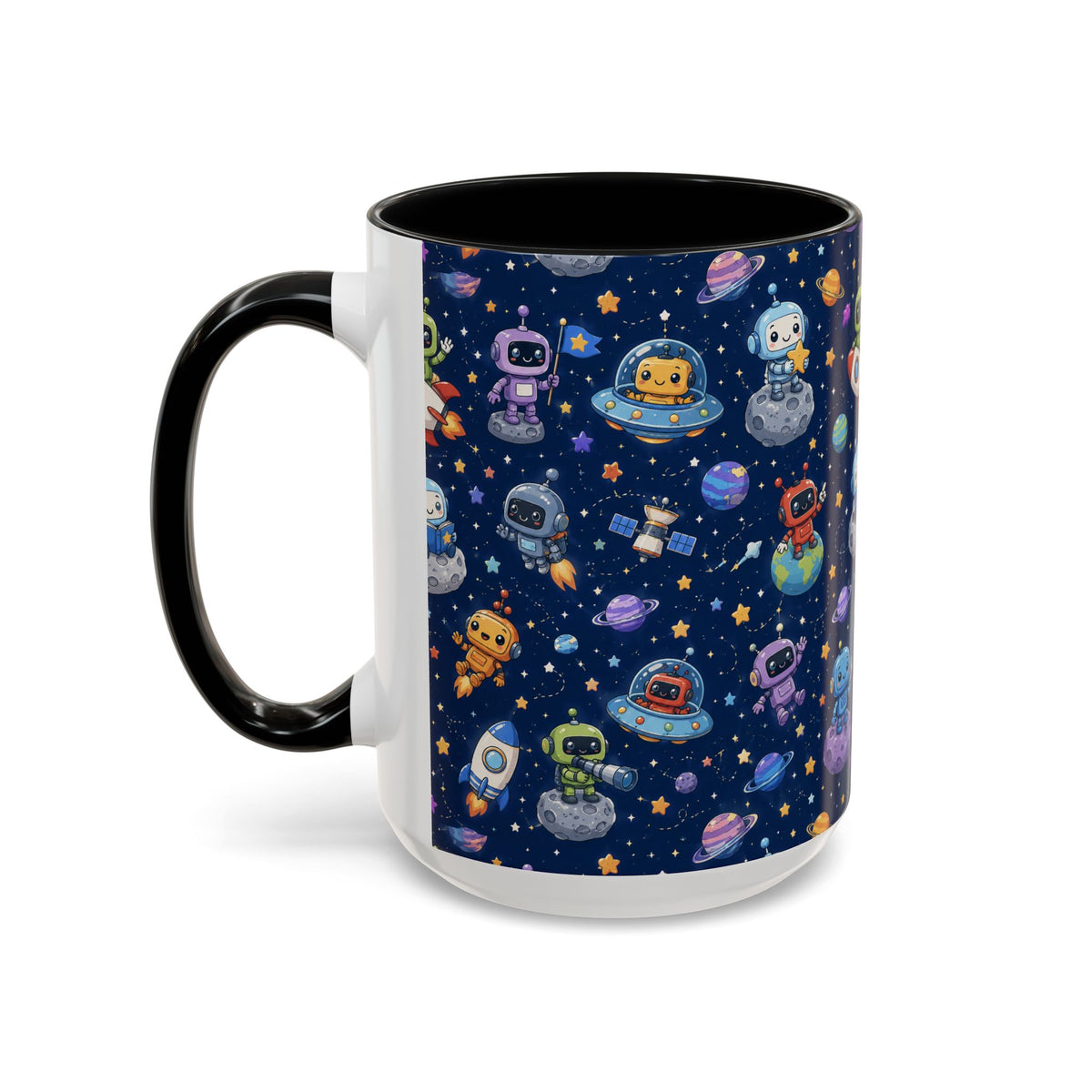 Galactic Robots Accent Coffee Mug — Cute Space Astronaut Pattern (11/15 oz)