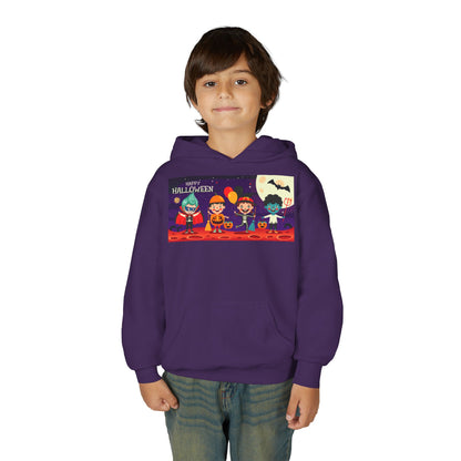 Youth Heavy Blend Hooded Sweatshirt - Super kiddo with friends on holloween - [[{"value":"Wonderwear Kid"}]]
