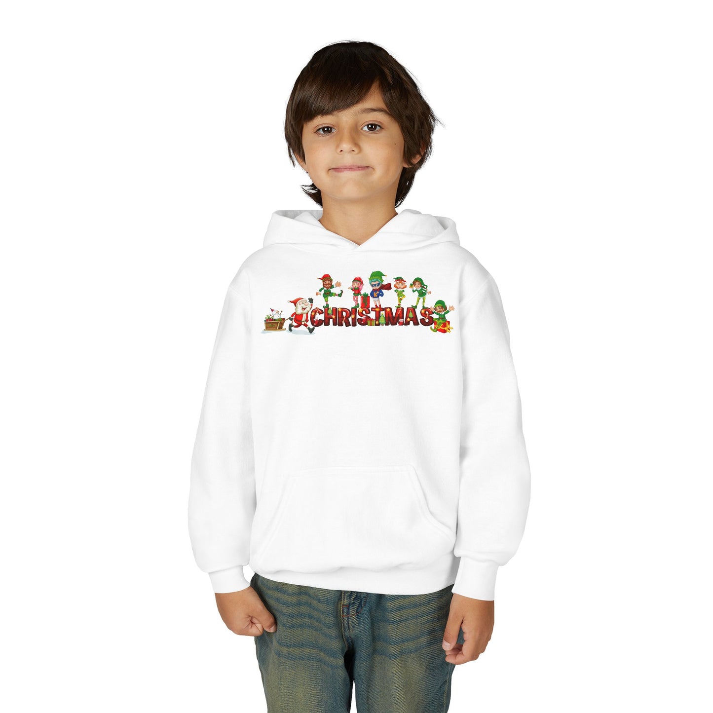 Youth Heavy Blend Hooded Sweatshirt - Christmas with santa claus and friends