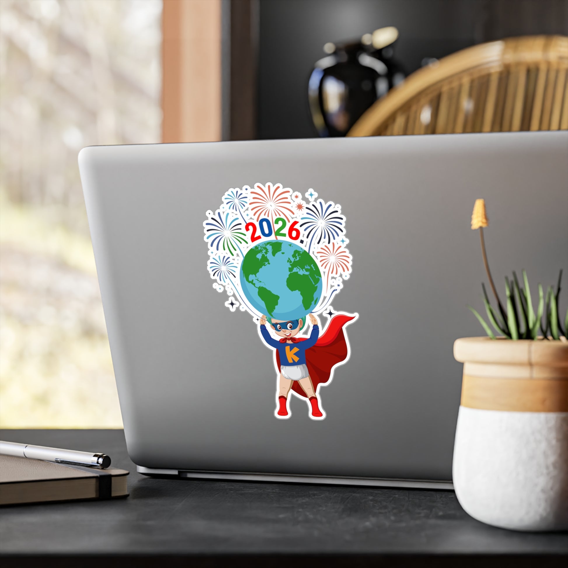 Christmas Kiss-Cut Vinyl Decals – Super kiddo holding globe - [[{"value":"Wonderwear Kid"}]]
