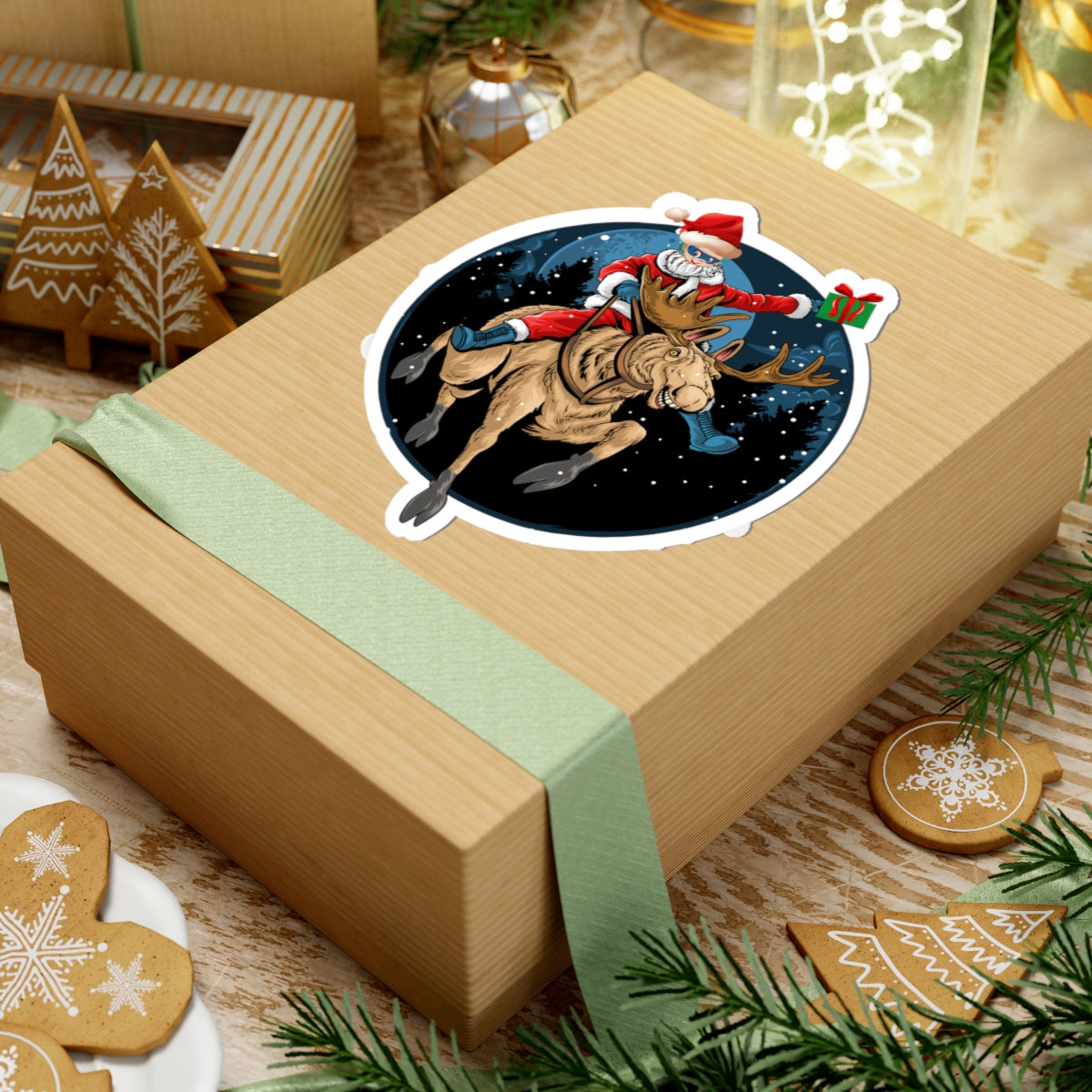Kiss-Cut Stickers - Super kiddo riding a reindeer - [[{"value":"Wonderwear Kid"}]]