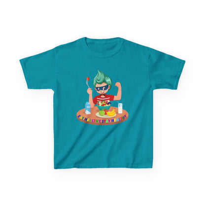 Kids Heavy Cotton™ Tee - super kiddo eating healthy food - [[{"value":"Wonderwear Kid"}]]