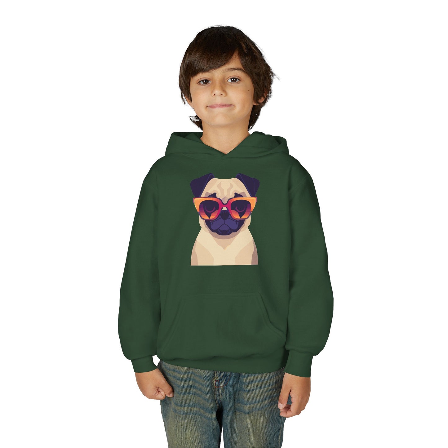 Youth Heavy Blend Hooded Sweatshirt - Cool Pug with Sunglasses