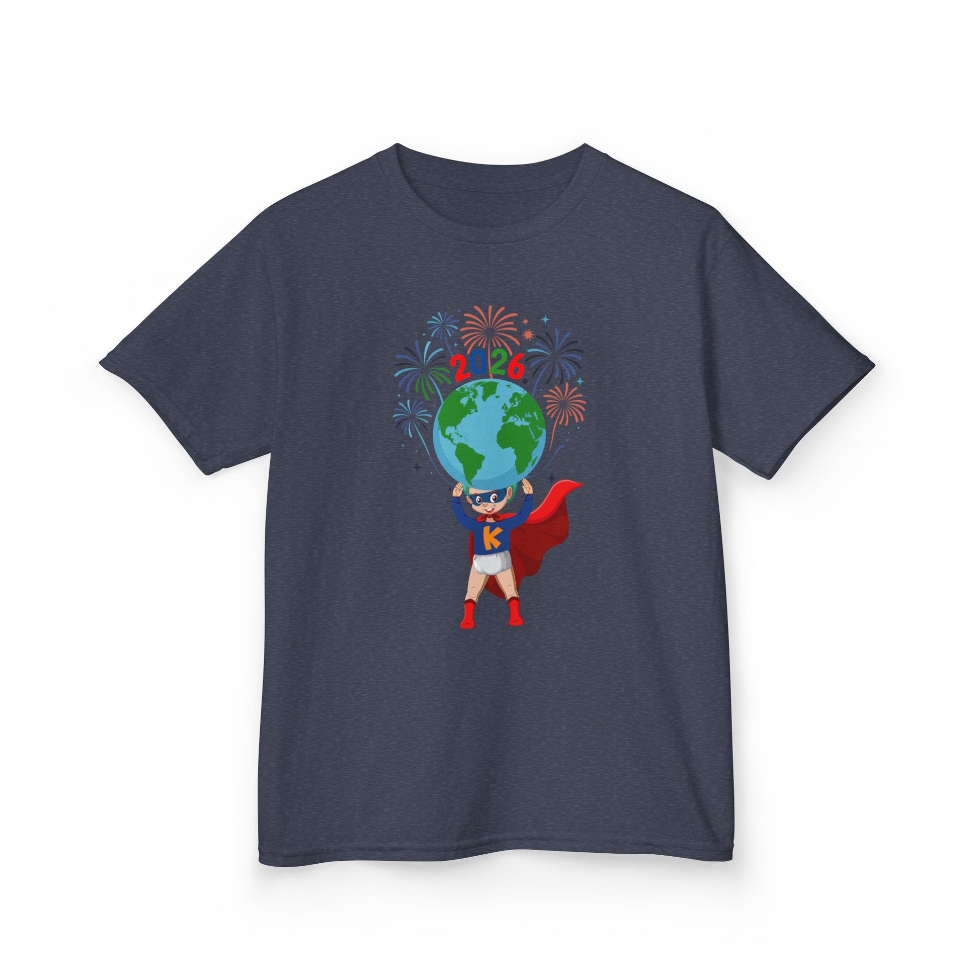 Kids Heavy Cotton™ Tee - Super kiddo holding globe - [[{"value":"Wonderwear Kid"}]]