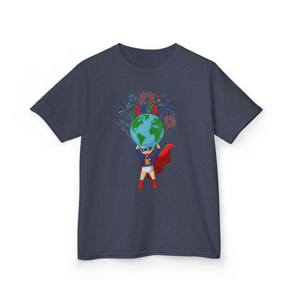 Kids Heavy Cotton™ Tee - Super kiddo holding globe - [[{"value":"Wonderwear Kid"}]]