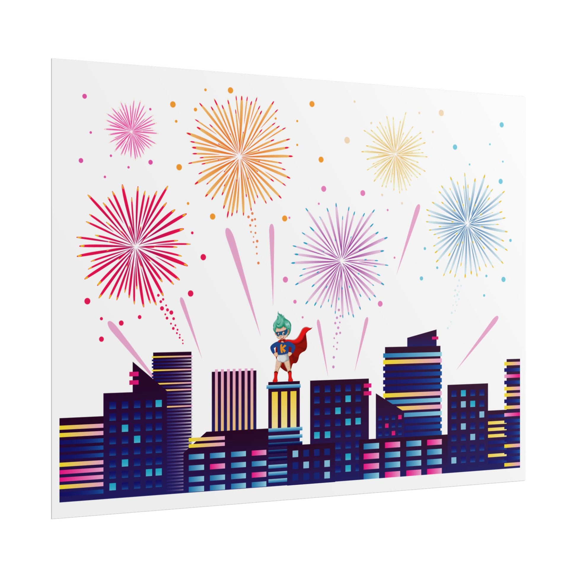 Rolled Posters - Super kiddo with fireworks - [[{"value":"Wonderwear Kid"}]]