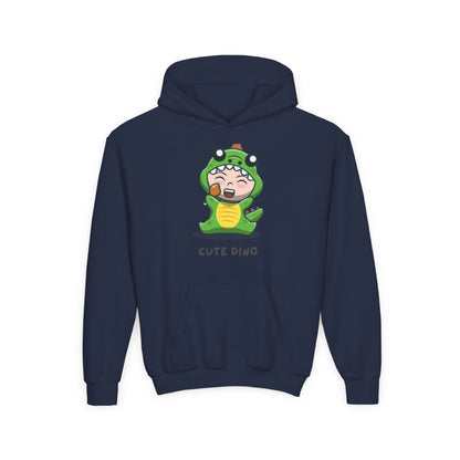 Youth Heavy Blend Hooded Sweatshirt - Green Cute Dino Printify