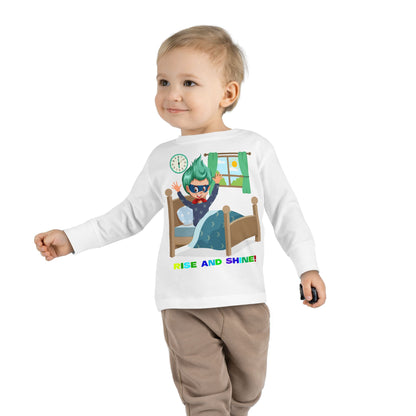 Toddler Long Sleeve Tee - Super kiddo teaches us to wake up early - [[{"value":"Wonderwear Kid"}]]