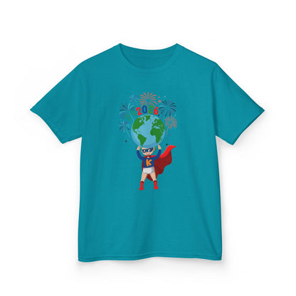 Kids Heavy Cotton™ Tee - Super kiddo holding globe - [[{"value":"Wonderwear Kid"}]]