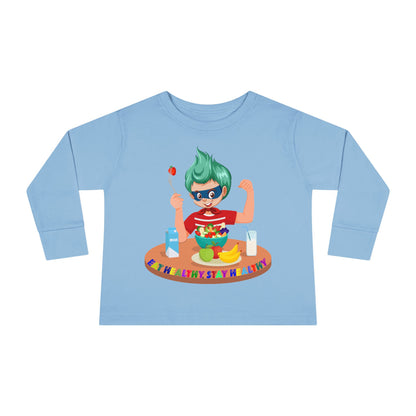 Toddler Long Sleeve Tee - super kiddo eating healthy food - [[{"value":"Wonderwear Kid"}]]