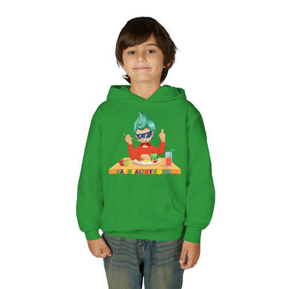 Youth Heavy Blend Hooded Sweatshirt - Super kiddo eating healthy breafast - [[{"value":"Wonderwear Kid"}]]