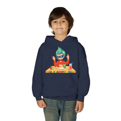 Youth Heavy Blend Hooded Sweatshirt - Super kiddo eating healthy breafast - [[{"value":"Wonderwear Kid"}]]
