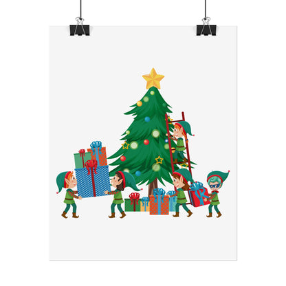 Rolled Posters - Super kiddo putting gifts on christmas tree - [[{"value":"Wonderwear Kid"}]]