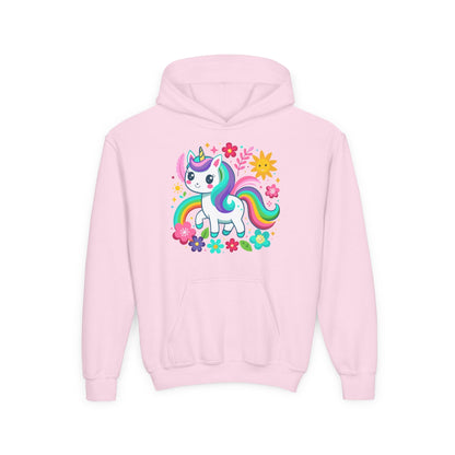 Youth Heavy Blend Hooded Sweatshirt - Unicorn with flowers Printify