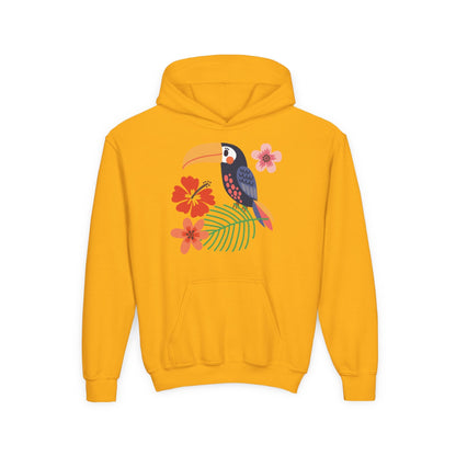 Youth hoodie with vibrant toucan bird design Printify