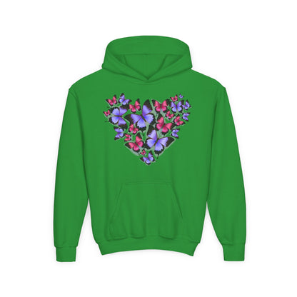 Youth Heavy Blend Hooded Sweatshirt -  Heart shape monarch butterfly Printify