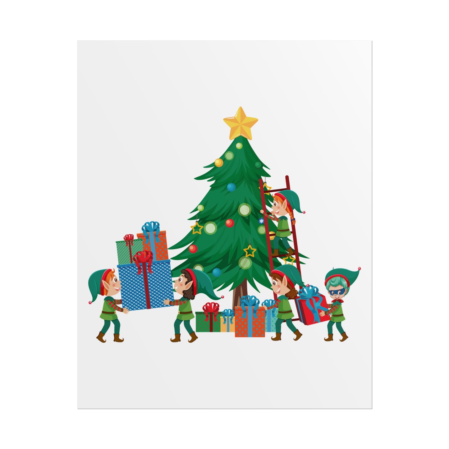 Rolled Posters - Super kiddo putting gifts on christmas tree - [[{"value":"Wonderwear Kid"}]]