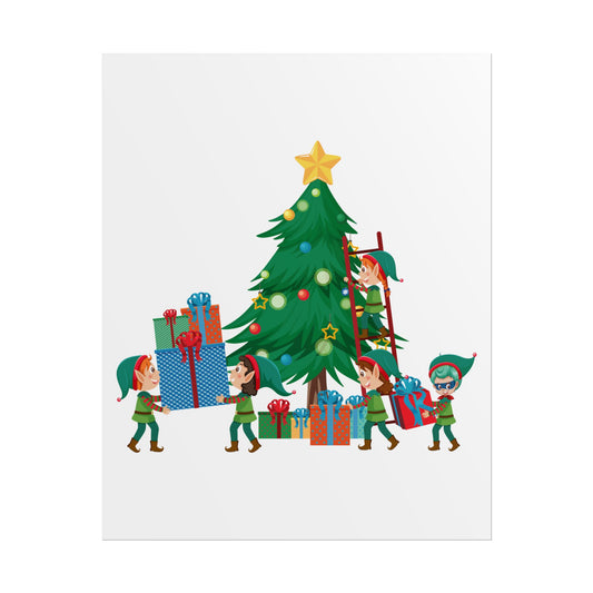 Rolled Posters - Super kiddo putting gifts on christmas tree - [[{"value":"Wonderwear Kid"}]]