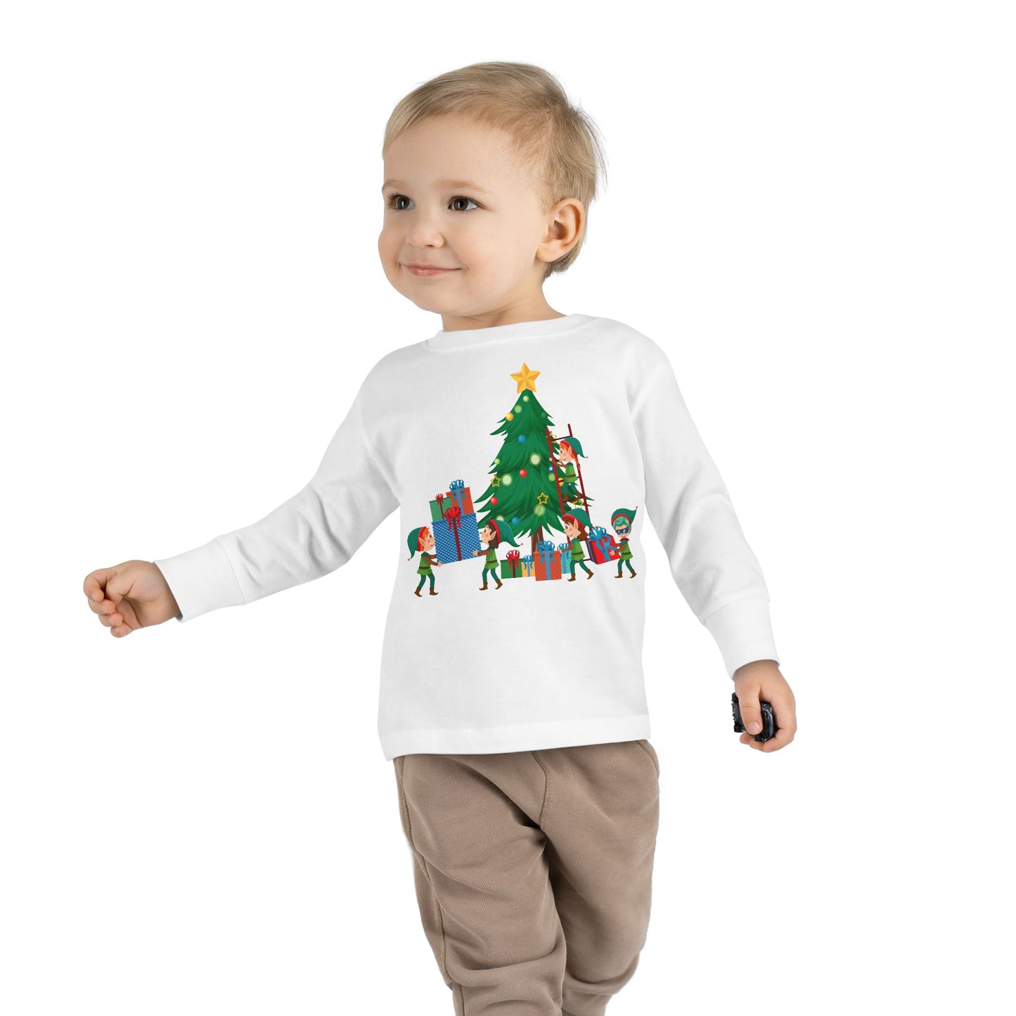 Toddler Long Sleeve Tee - Super kiddo putting gifts on christmas tree - [[{"value":"Wonderwear Kid"}]]