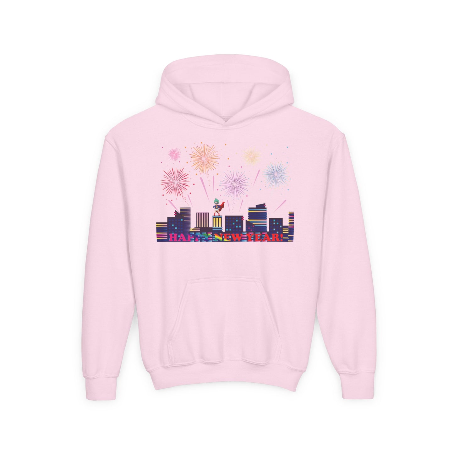 Youth Heavy Blend Hooded Sweatshirt - Super kiddo with fireworks with text