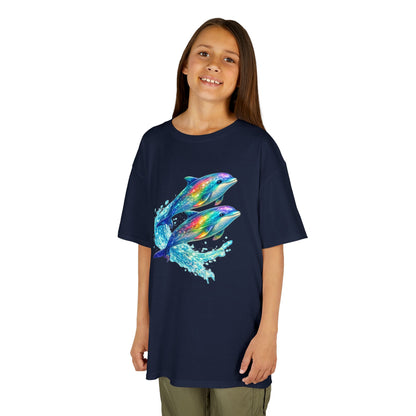 Kids Heavy Cotton™ Tee - Iridescent porpoises swimming in glowing water