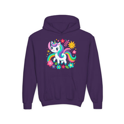 Youth Heavy Blend Hooded Sweatshirt - Unicorn with flowers Printify