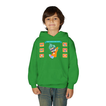 Youth Heavy Blend Hooded Sweatshirt - Super kiddo how to brush teeth - [[{"value":"Wonderwear Kid"}]]