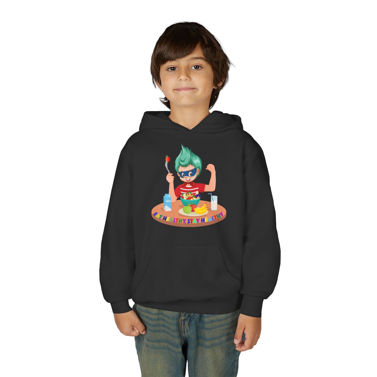 Youth Heavy Blend Hooded Sweatshirt - super kiddo eating healthy food