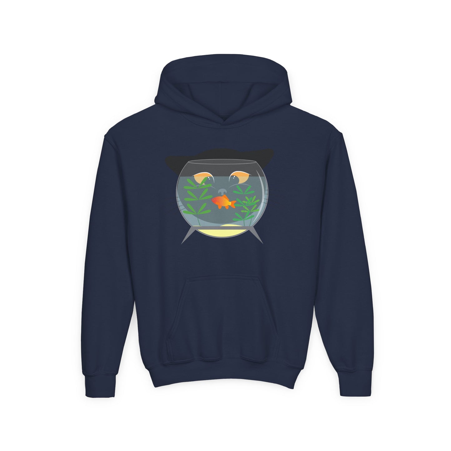 Youth Heavy Blend Hooded Sweatshirt -  Black cat and gold fish