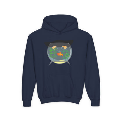 Youth Heavy Blend Hooded Sweatshirt -  Black cat and gold fish Printify