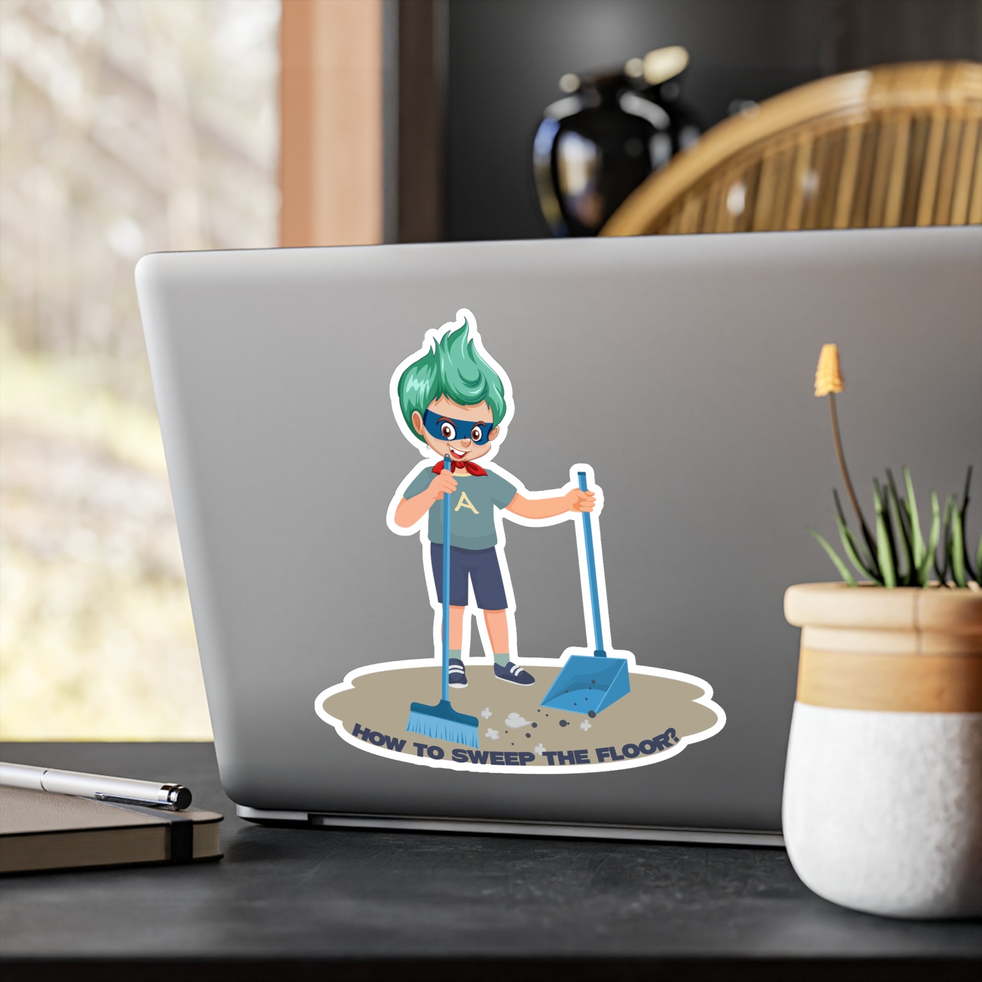 Halloween Kiss-Cut Vinyl Decals – Super kiddo sweeping floor - [[{"value":"Wonderwear Kid"}]]