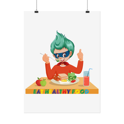 Rolled Posters - Super kiddo eating healthy breafast - [[{"value":"Wonderwear Kid"}]]