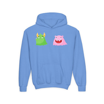 Youth Heavy Blend Hooded Sweatshirt - Green and pink monsters Printify