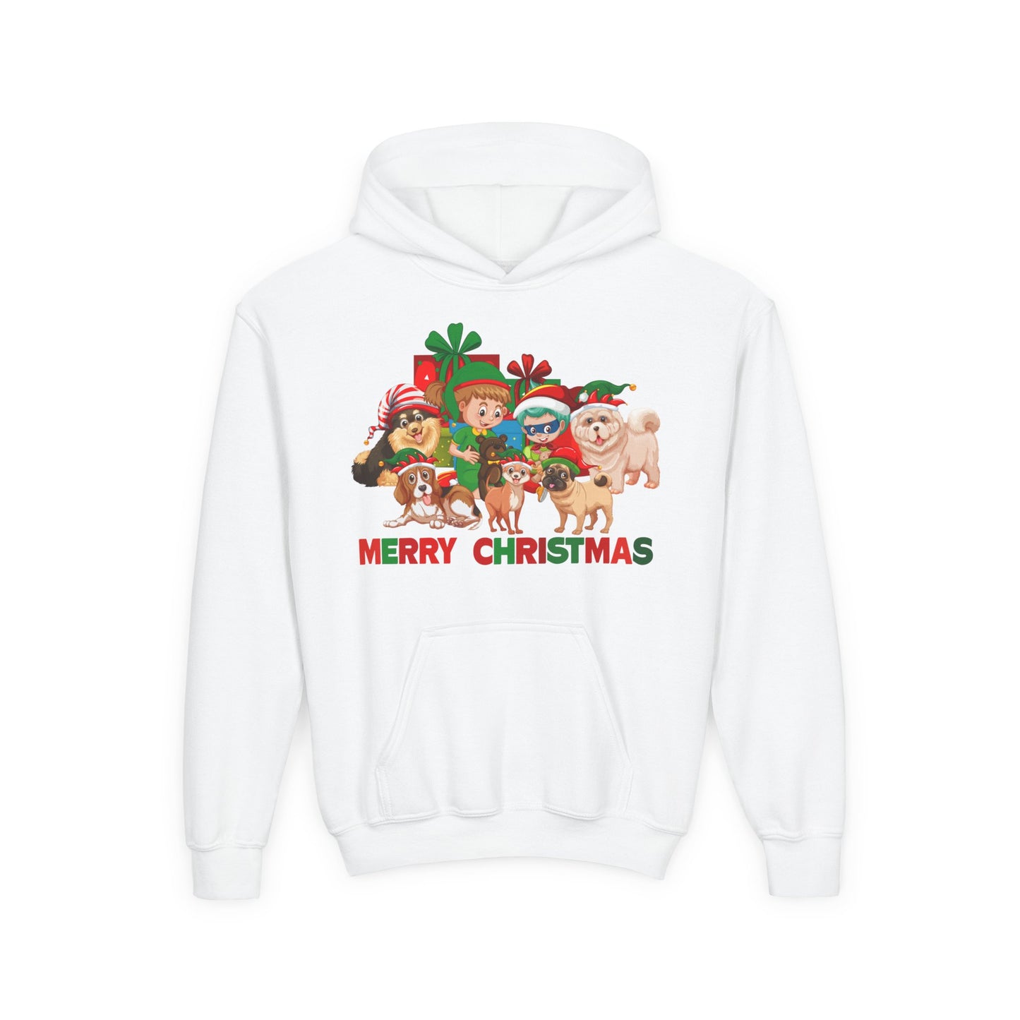 Youth Heavy Blend Hooded Sweatshirt - Christmas with super kiddo pet friends with text